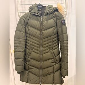 Pajar Olive Green Quilted Hooded Puffer Winter Coat with Fur Trim